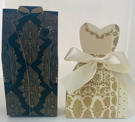 Desi Bride and Groom Wedding Favours - Ivory Bride/Black/Gold Groom